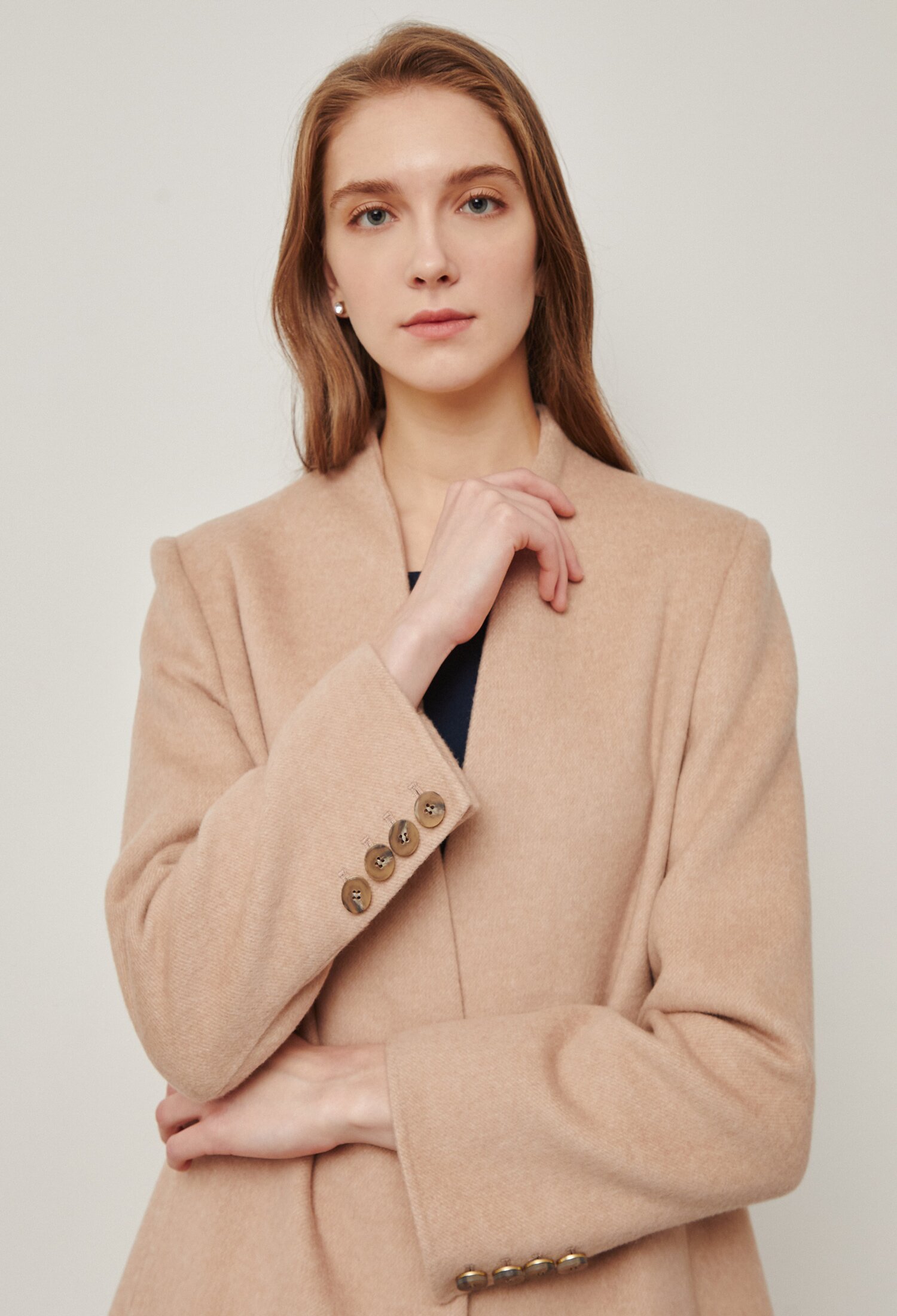 논칼라 트라페즈 롱 코트 (BEIGE)