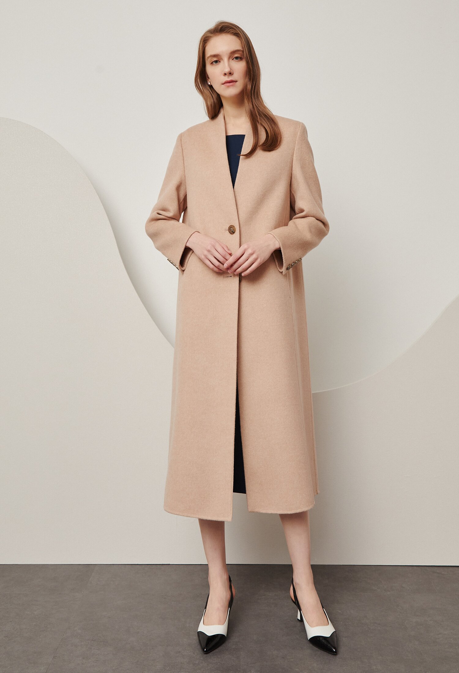 논칼라 트라페즈 롱 코트 (BEIGE)