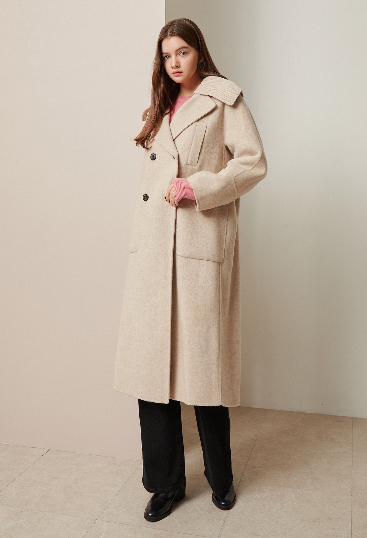 울 카멜 더블 코트 +칼라 세트 (LIGHT/BEIGE)