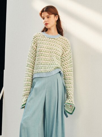 OZ Jacquard wool flare sleeve knitted sweater