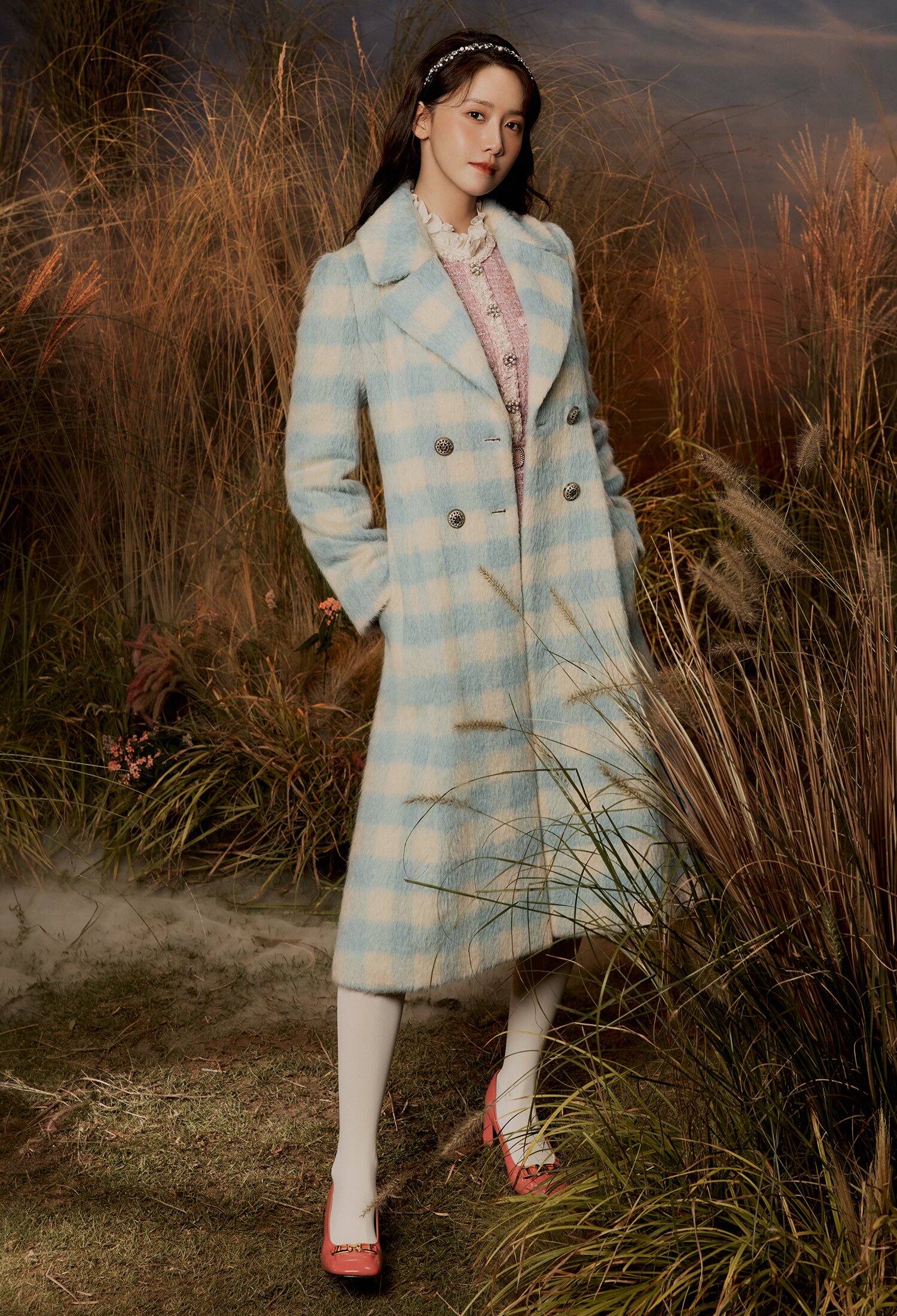 알파카 울 체크 A라인 코트 (MINT)