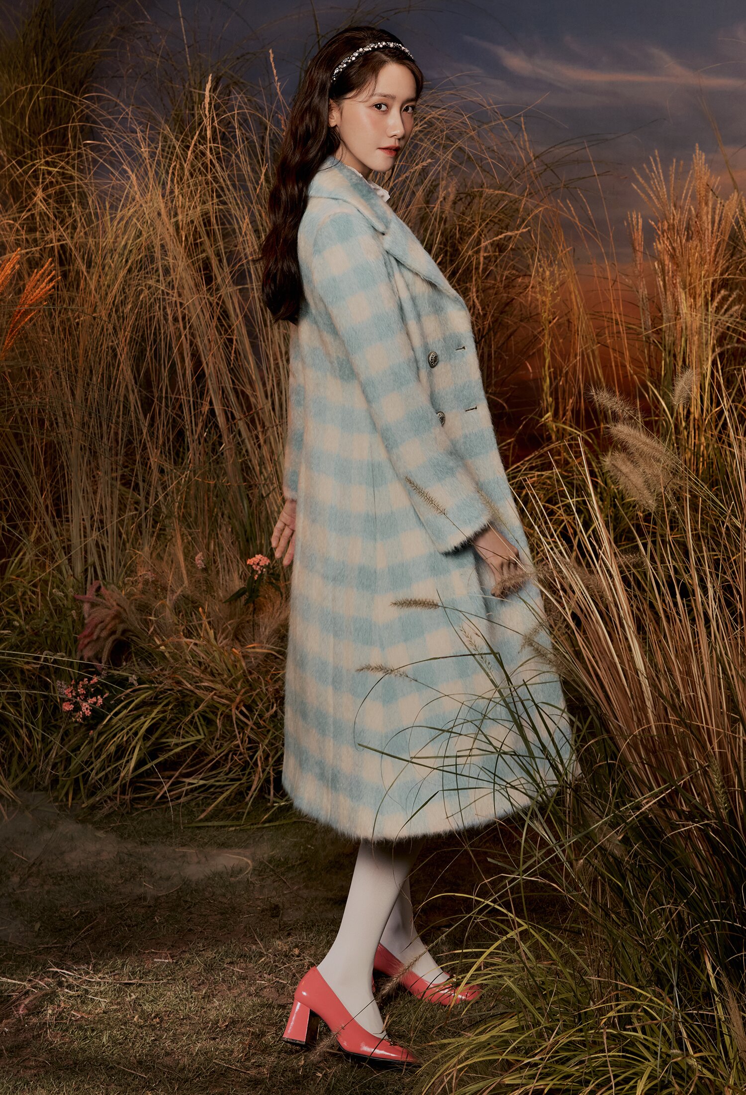 알파카 울 체크 A라인 코트 (MINT)