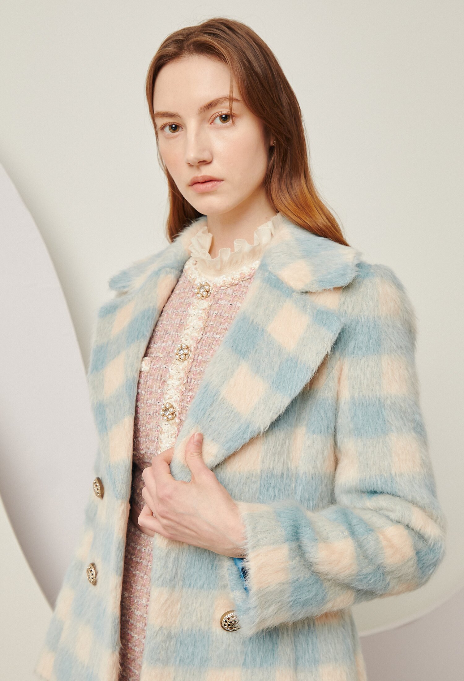 알파카 울 체크 A라인 코트 (MINT)