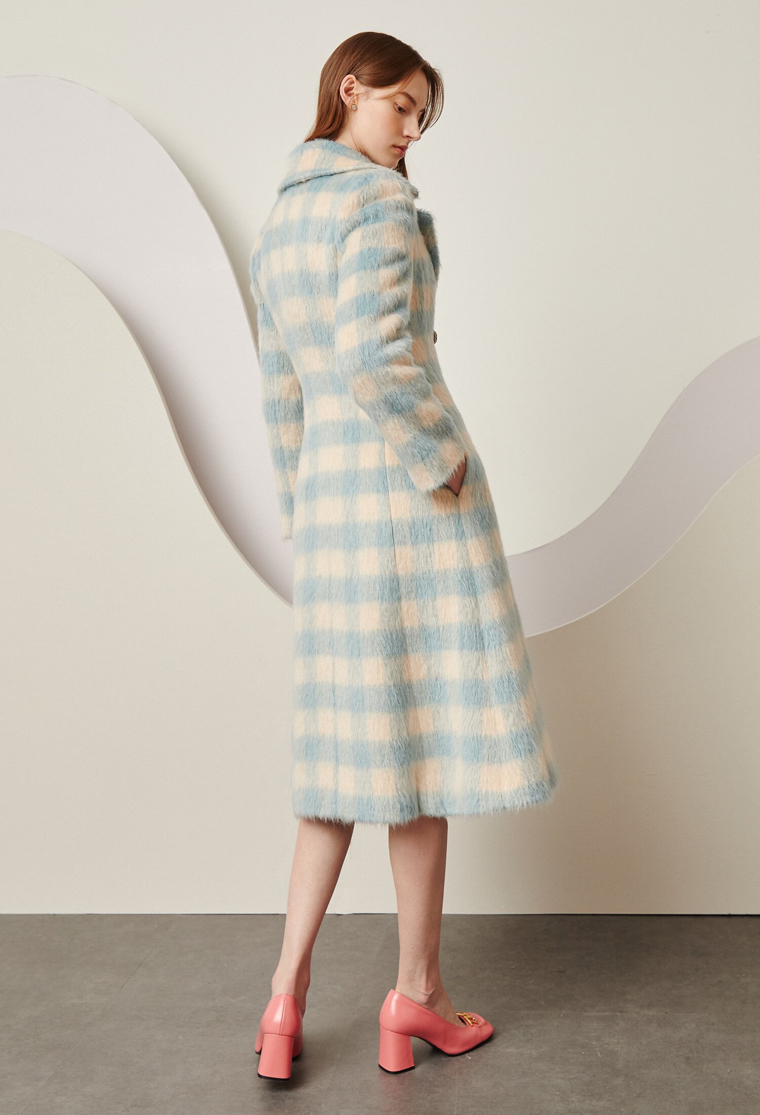 알파카 울 체크 A라인 코트 (MINT)