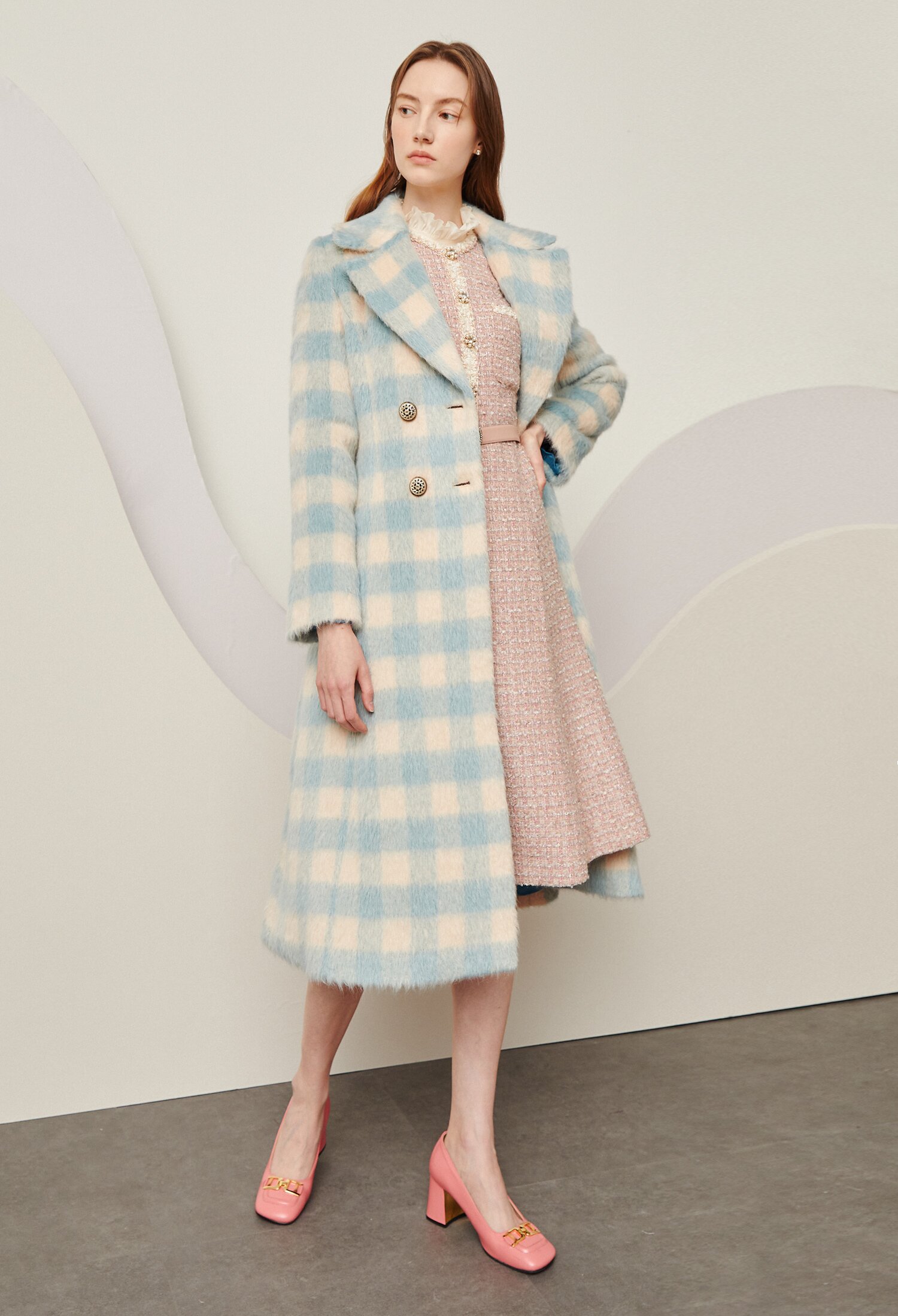 알파카 울 체크 A라인 코트 (MINT)