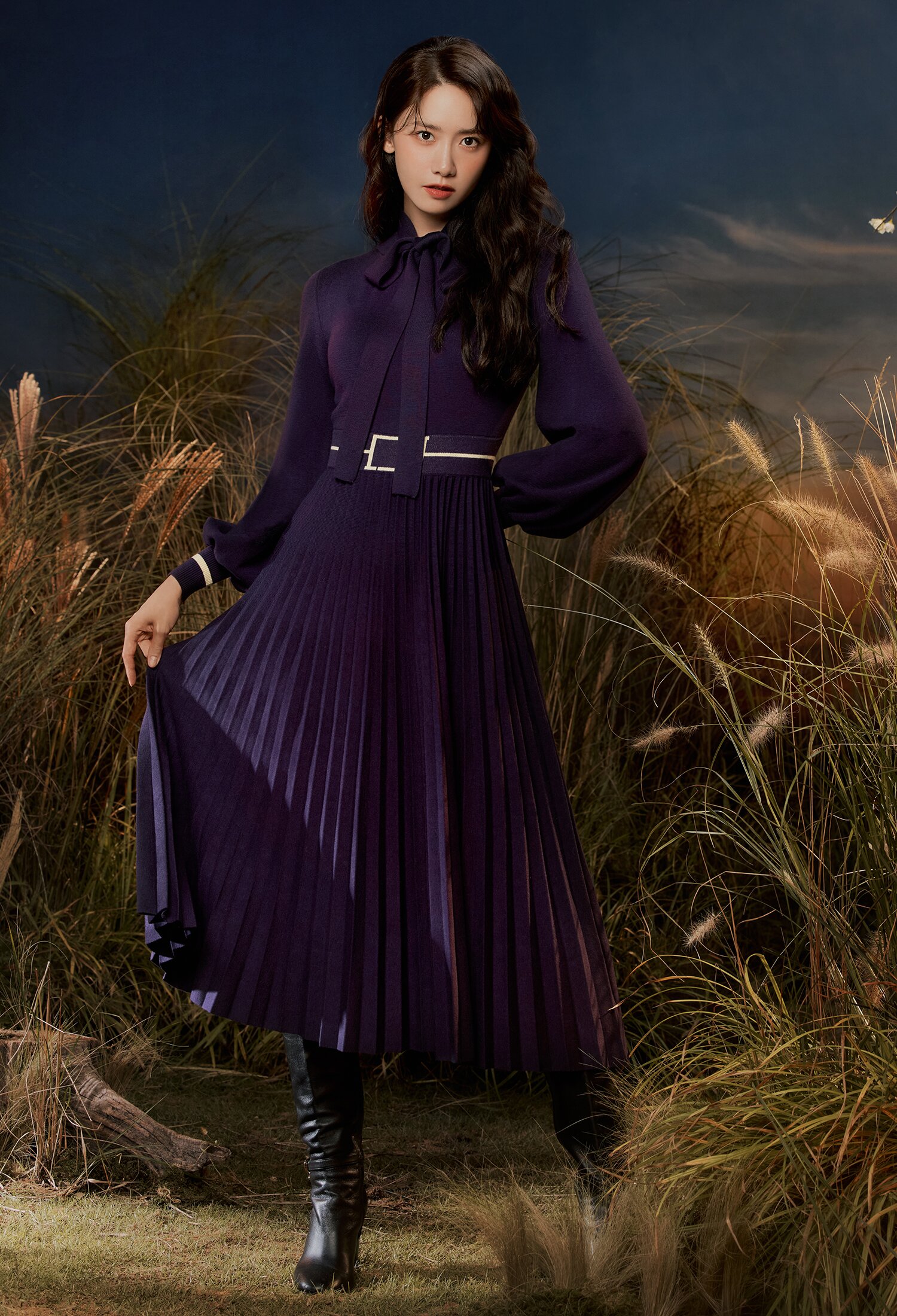 배색 벨티드 프린팅 리본 원피스 (PURPLE)