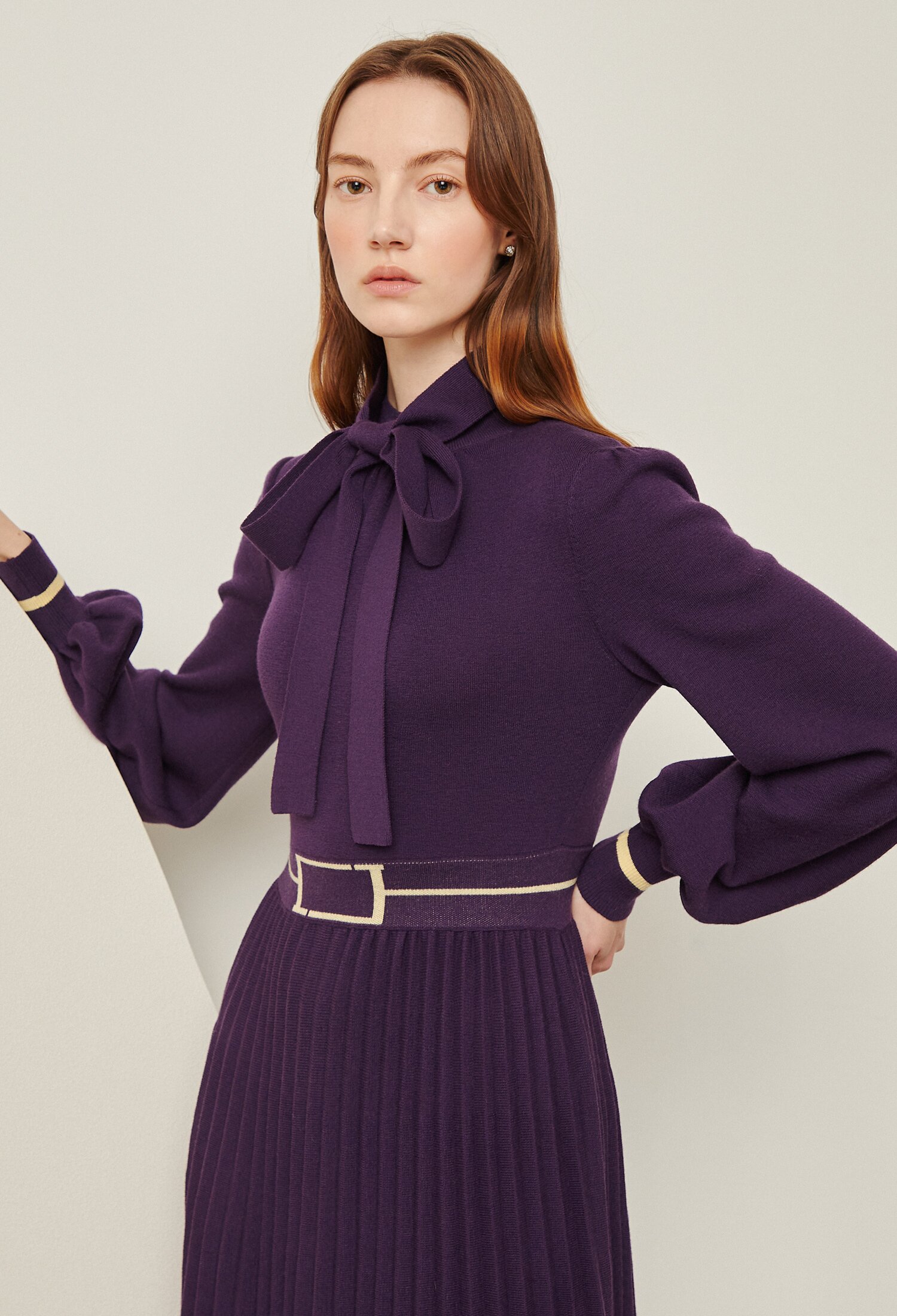 배색 벨티드 프린팅 리본 원피스 (PURPLE)