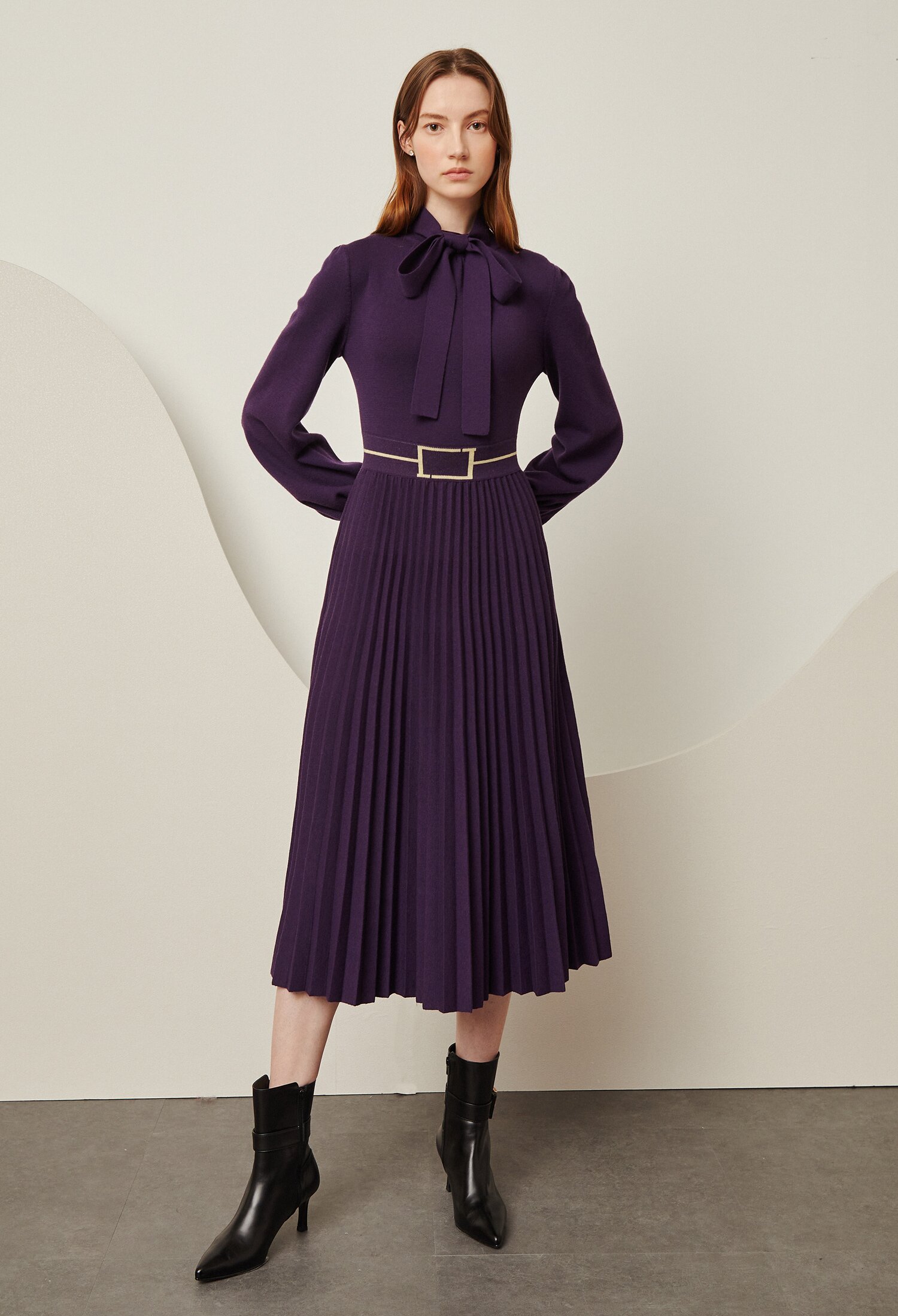 배색 벨티드 프린팅 리본 원피스 (PURPLE)