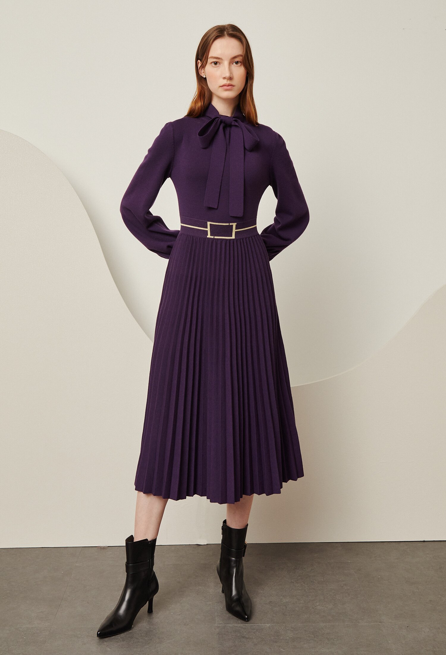 배색 벨티드 프린팅 리본 원피스 (PURPLE)