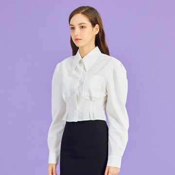 WOMEN 크롭 슬림 퍼프 긴팔 셔츠 [WHITE] 크롭티 긴팔티 PF