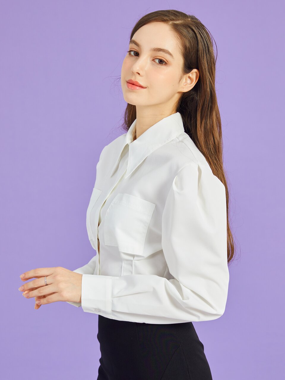 WOMEN 크롭 슬림 퍼프 긴팔 셔츠 [WHITE] 크롭티 긴팔티 PF