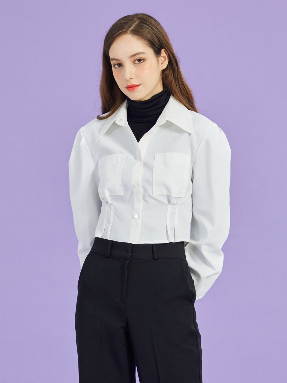 WOMEN 크롭 슬림 퍼프 긴팔 셔츠 [WHITE] 크롭티 긴팔티 PF