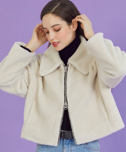 WOMEN 크롭 오버핏 덤블 투웨이 집업 퍼 무스탕 [커스터드] 양털  ver.