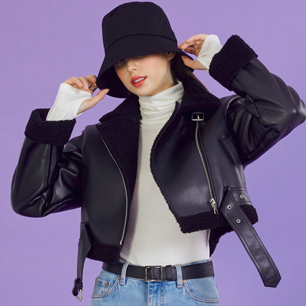 [벨트탈부착] WOMEN 크롭 오버핏 무스탕 플리스 자켓 All_Black [라이더 ver.]