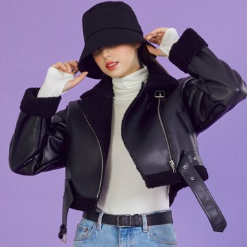 [벨트탈부착] WOMEN 크롭 오버핏 무스탕 플리스 자켓 All_Black [라이더 ver.]
