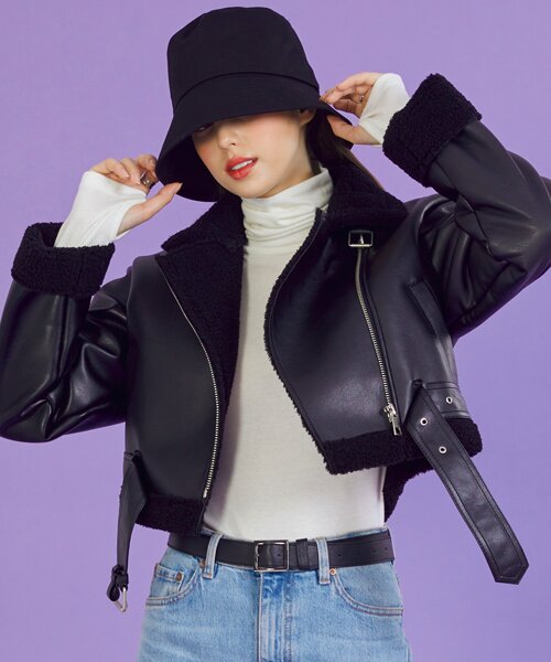 [벨트탈부착] WOMEN 크롭 오버핏 무스탕 플리스 자켓 All_Black [라이더 ver.]