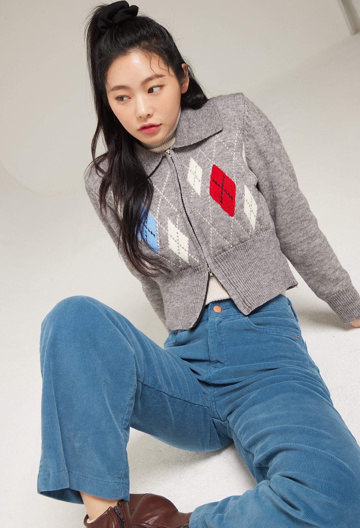 아가일 집업 크롭 가디건 (GREY)