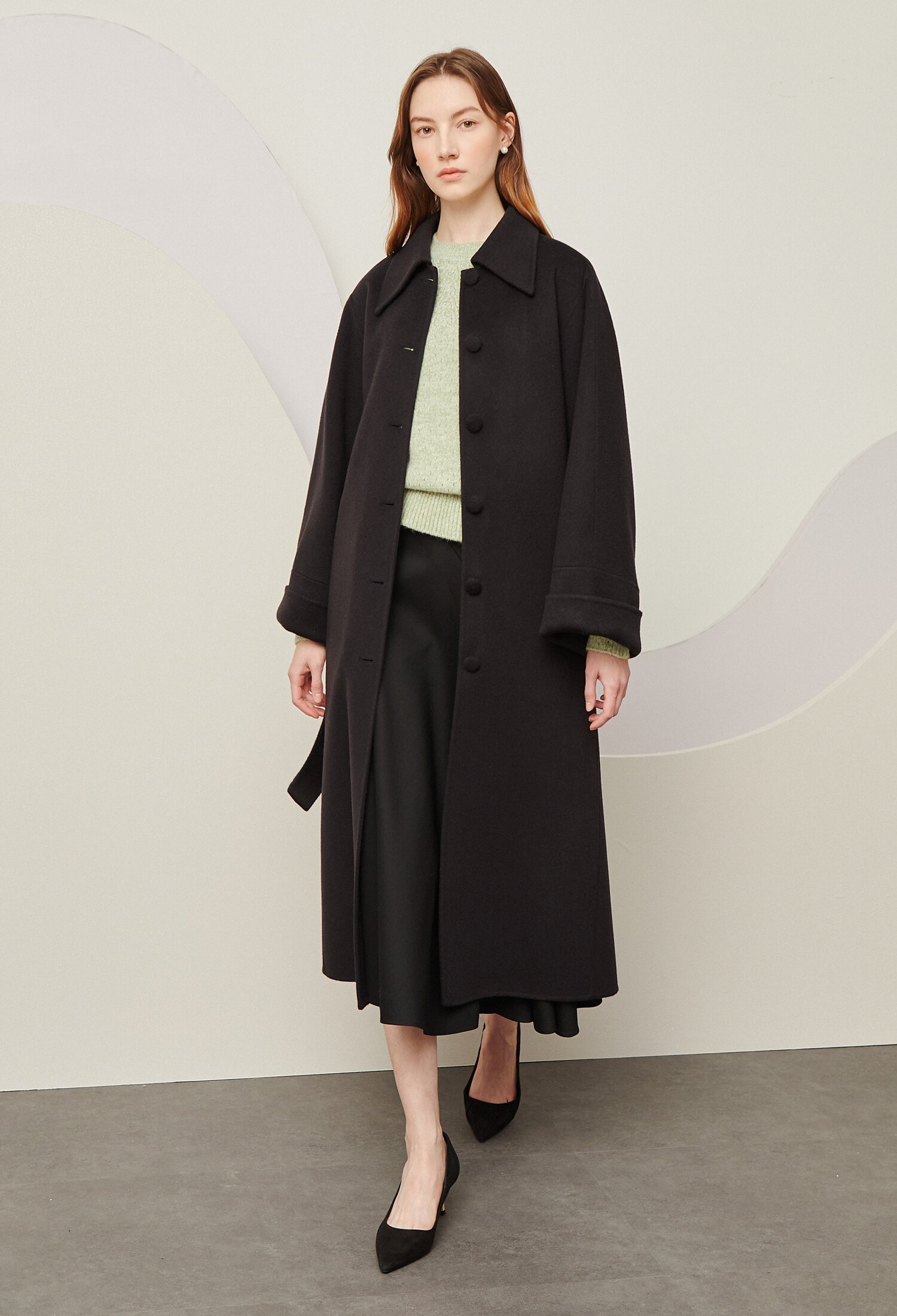 울 와이드 롱 슬리브 벨티드 코트 (DARK GREY)