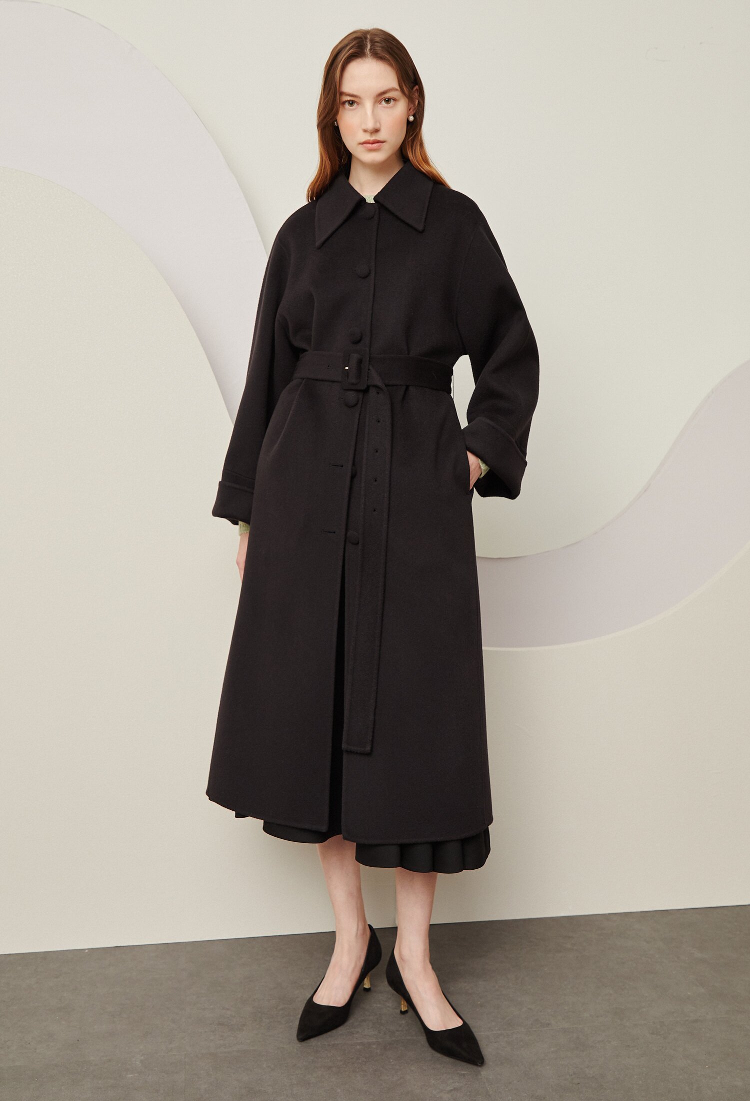울 와이드 롱 슬리브 벨티드 코트 (DARK GREY)