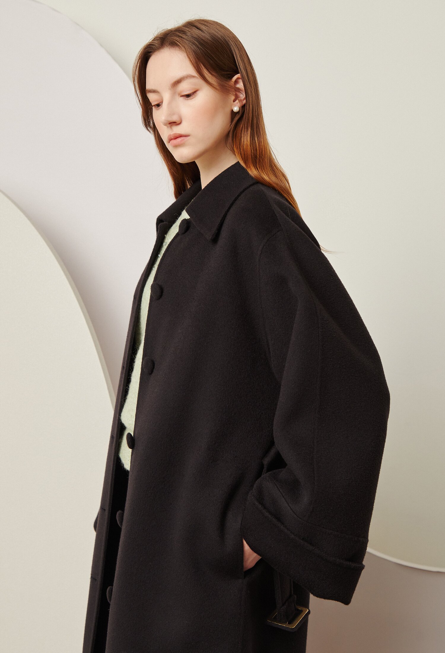 울 와이드 롱 슬리브 벨티드 코트 (DARK GREY)