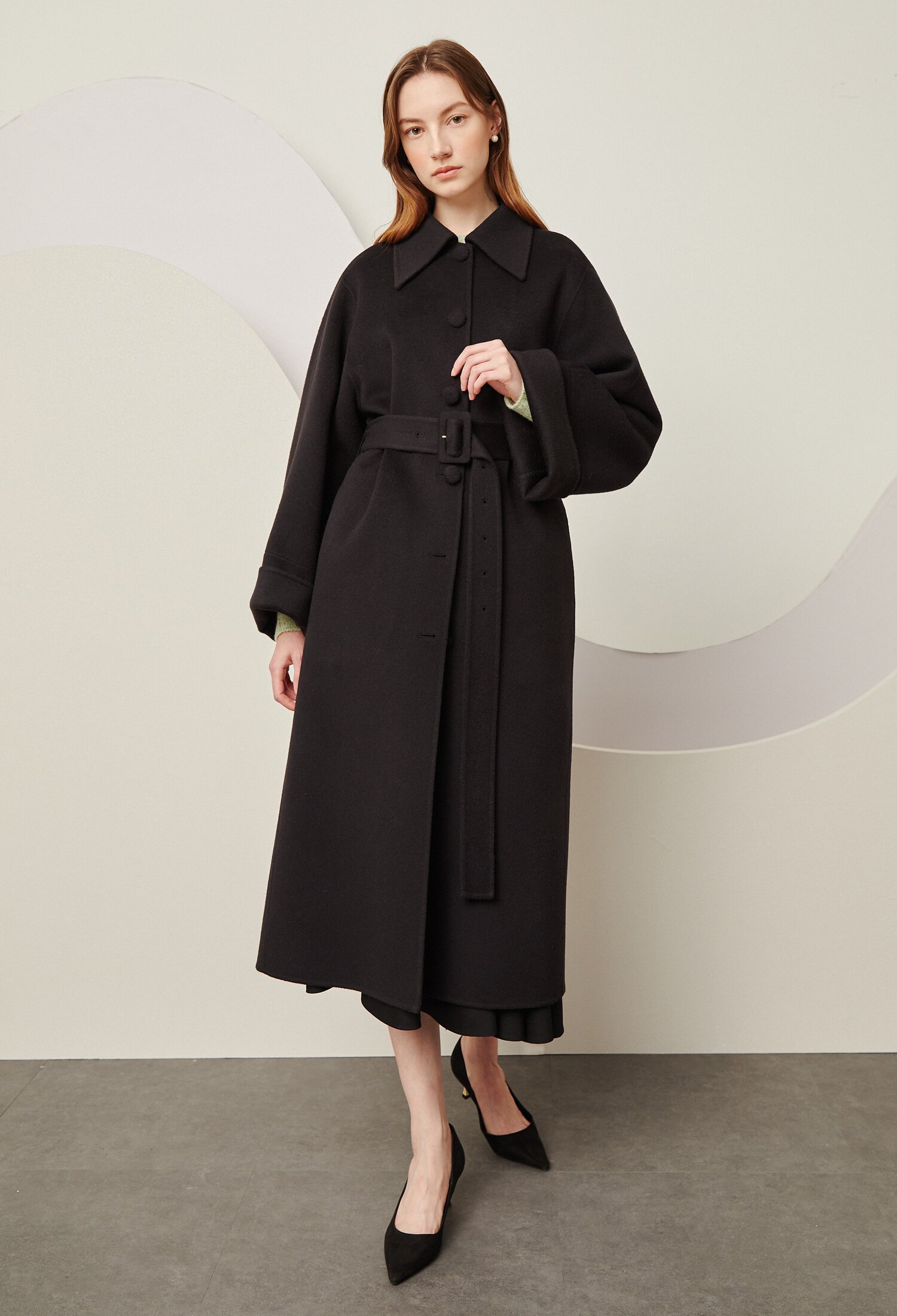 울 와이드 롱 슬리브 벨티드 코트 (DARK GREY)