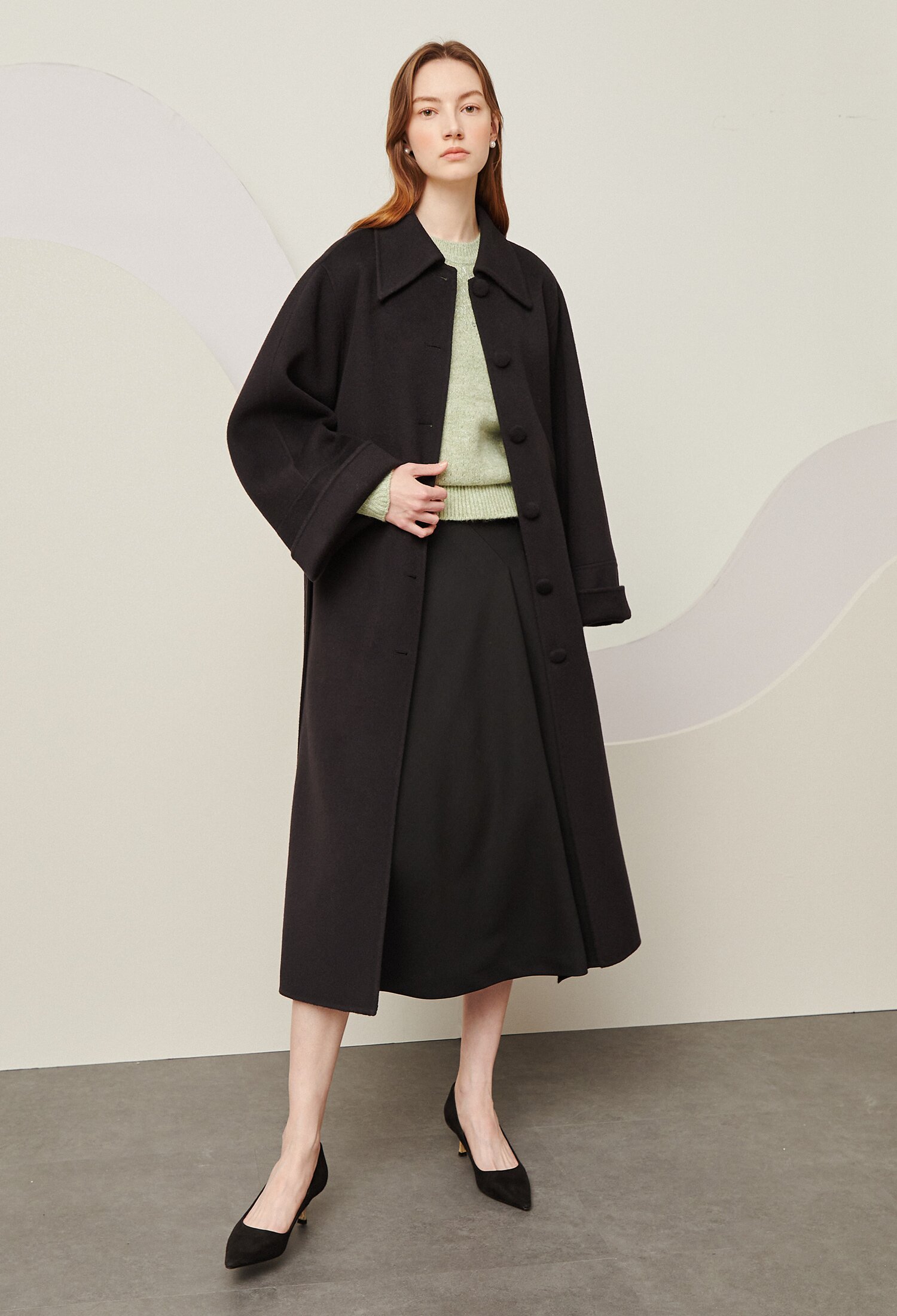 울 와이드 롱 슬리브 벨티드 코트 (DARK GREY)