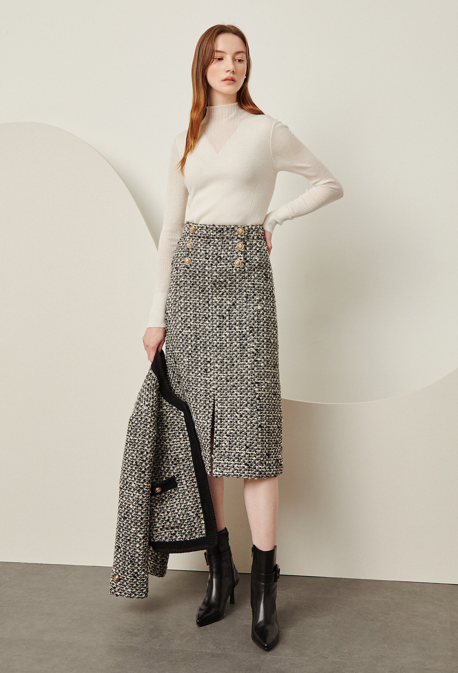 울 트위드 배색 재킷 (BLACK)