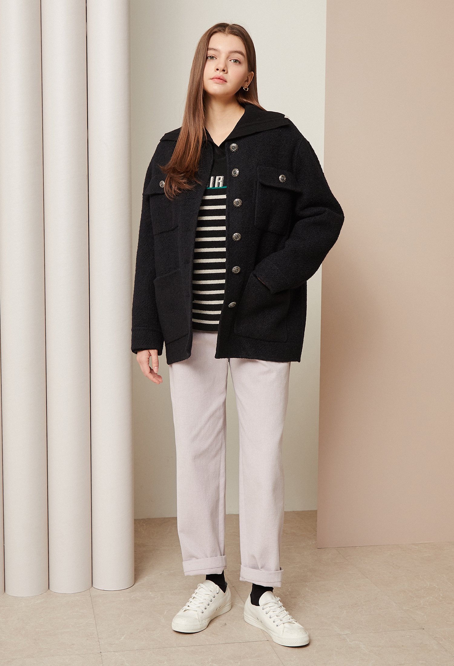 라운드넥 울 캐시미어 하프 코트 (NAVY)