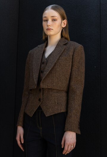 WOOL HERRINGBONE TAILORED CROP JACKET