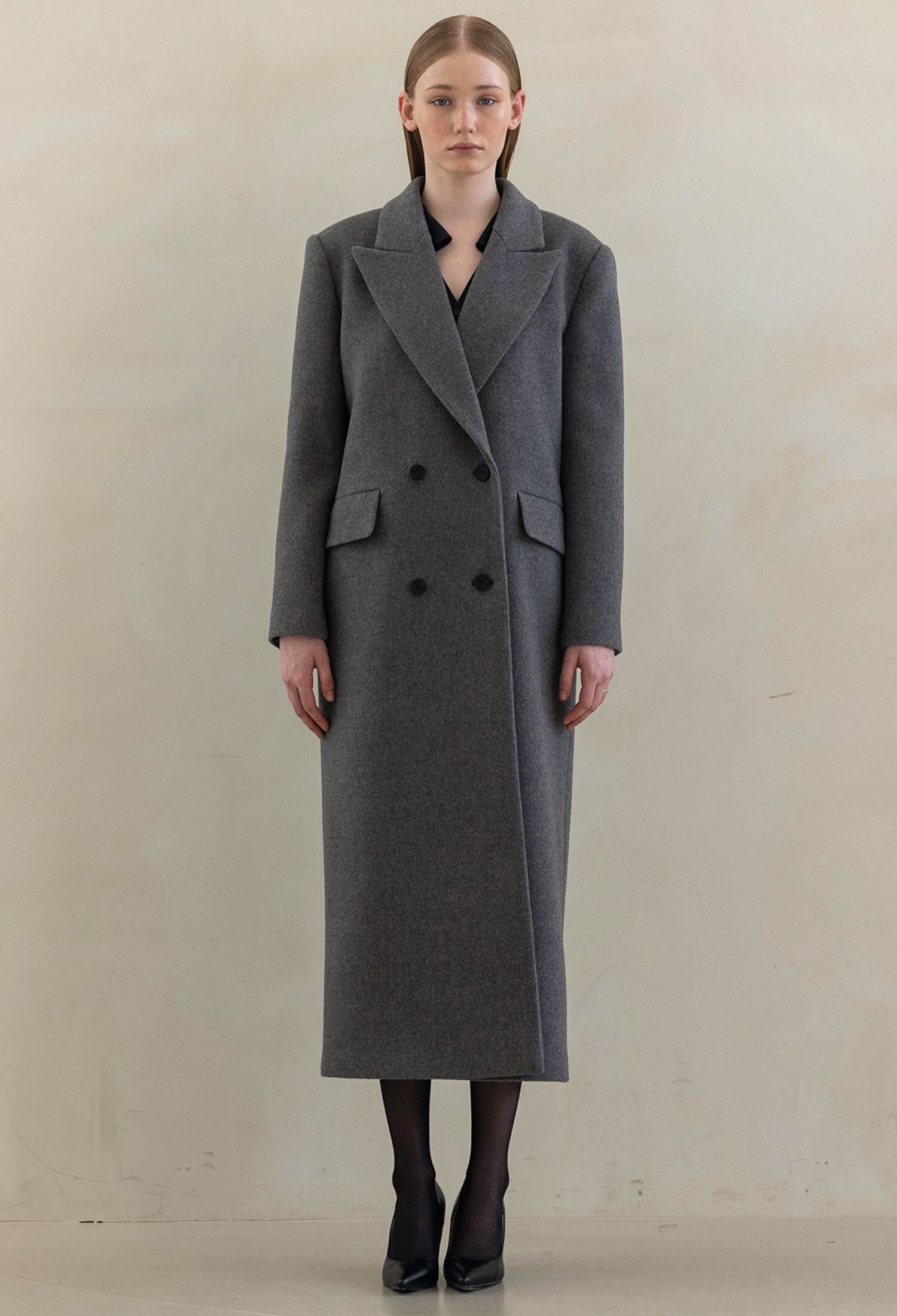 CASHMERE TAILORED DOUBLE LONG COAT GREY