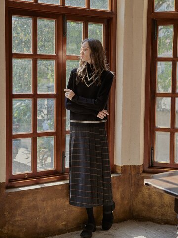 PM_Check pattern high waist tweed skirt_BLACK