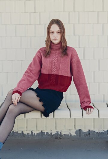 케이블 컬러 블록 니트 탑 (레드)