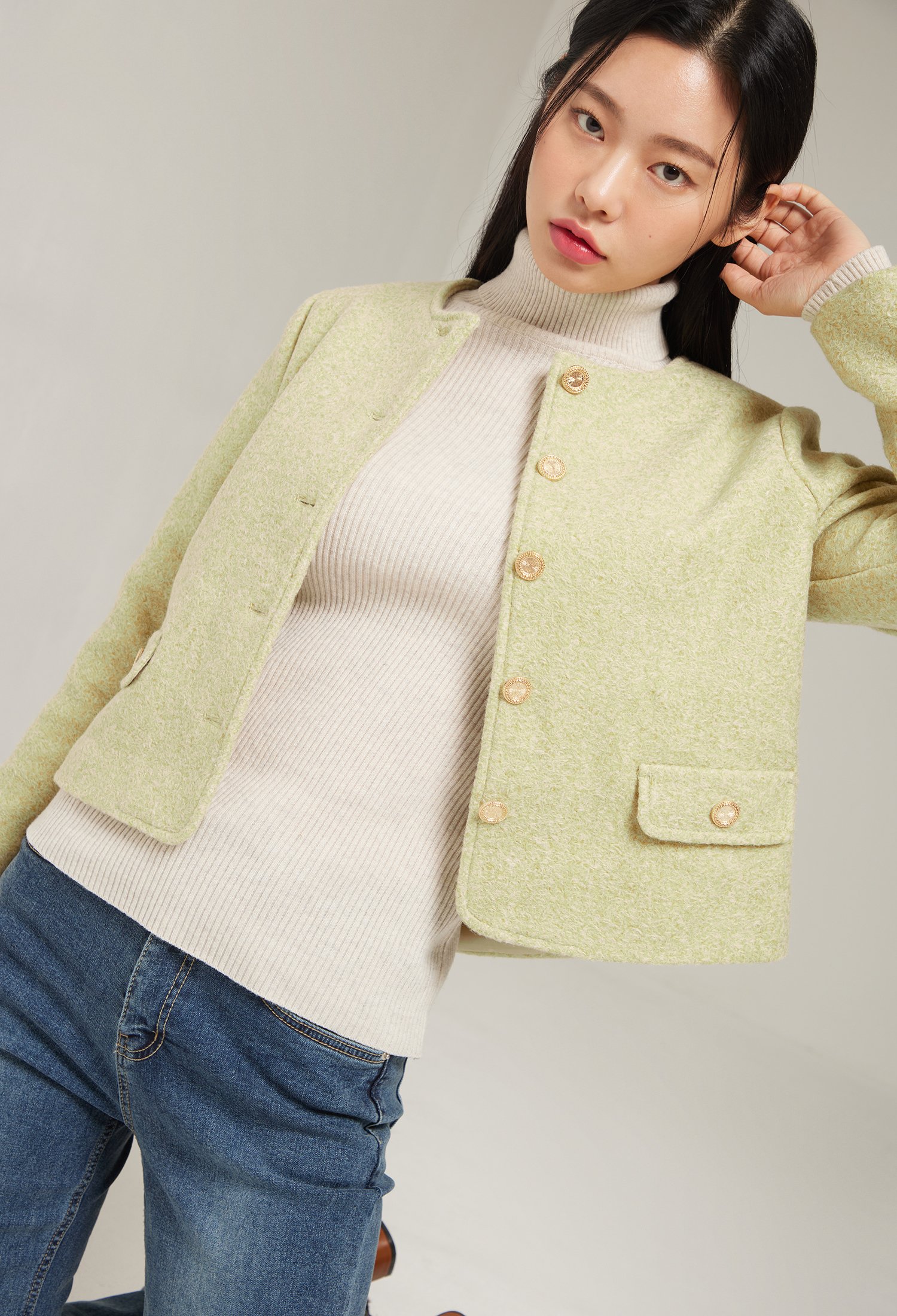 메탈 버튼 라운드 부클레 재킷 (LIME)