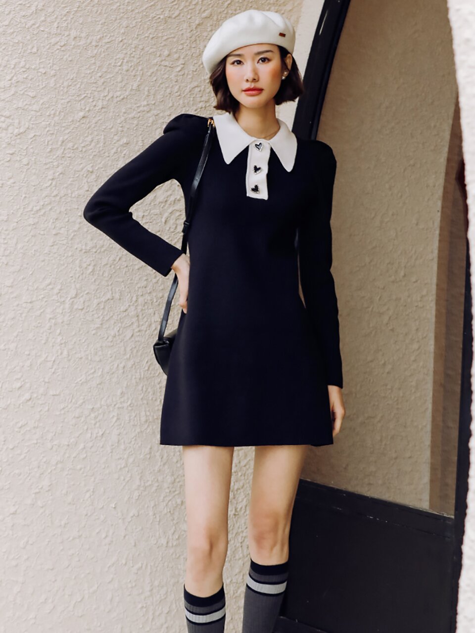 LS_Delighted fake two-piece puff dress_BLACK