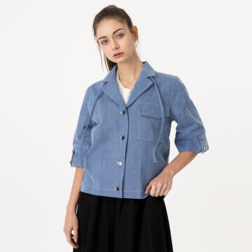 [분더가이스트] 오픈카라 반팔 스트링 데님자켓 연청