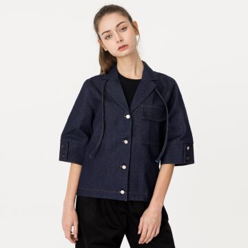 [분더가이스트]오픈카라 반팔 스트링 데님자켓 중청