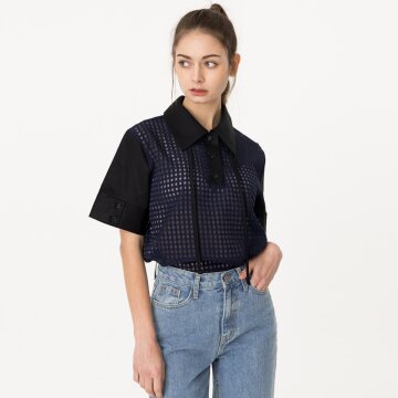 [분더가이스트] 배색 스트링 반팔셔츠 네이비