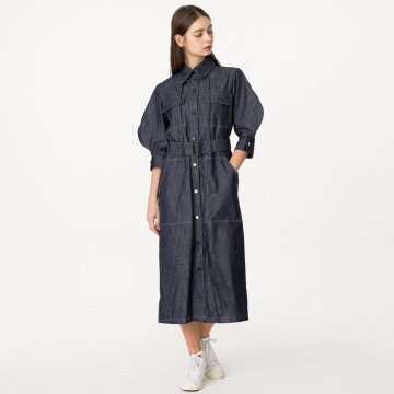 [분더가이스트] 비숍슬리브 7부소매 스트링 데님 롱원피스 인디고데님