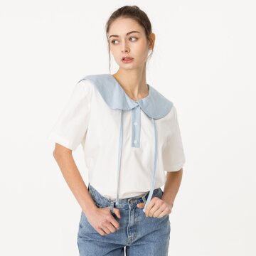 [분더가이스트] 세일러카라 배색 스트링 반팔셔츠 화이트