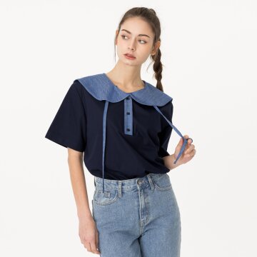 [분더가이스트] 세일러카라 배색 스트링 반팔셔츠 네이비