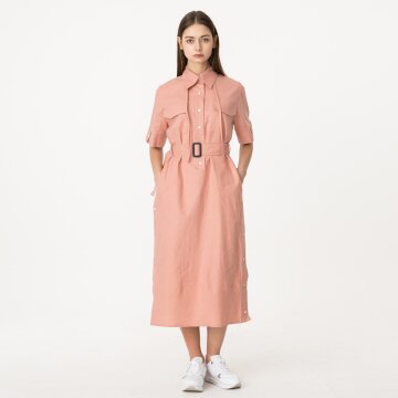 [분더가이스트] 면마 셔츠카라 반팔 스트링 롱원피스 진핑크