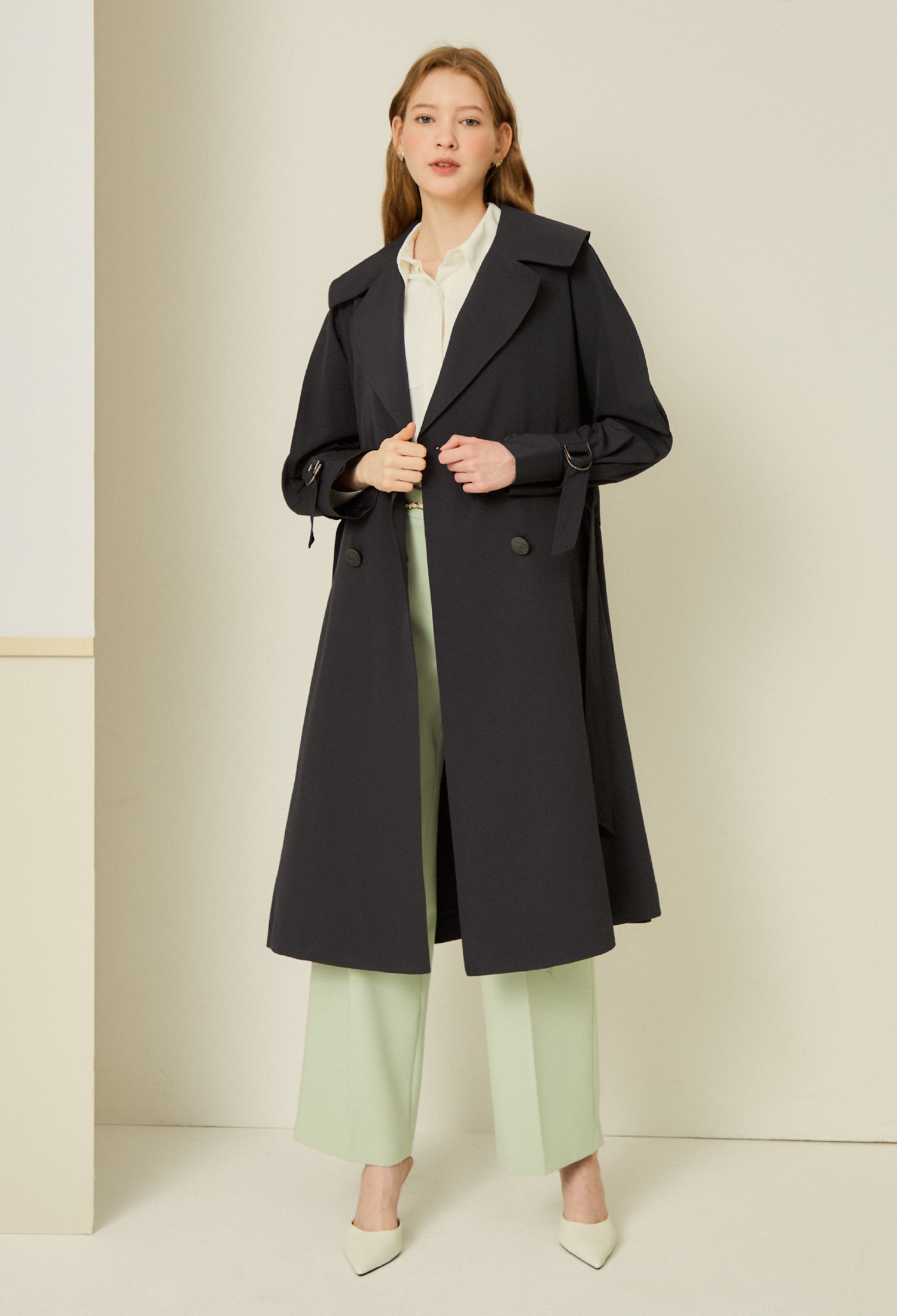백 밴딩 와이드 칼라 트렌치 코트 (DARK GREY)