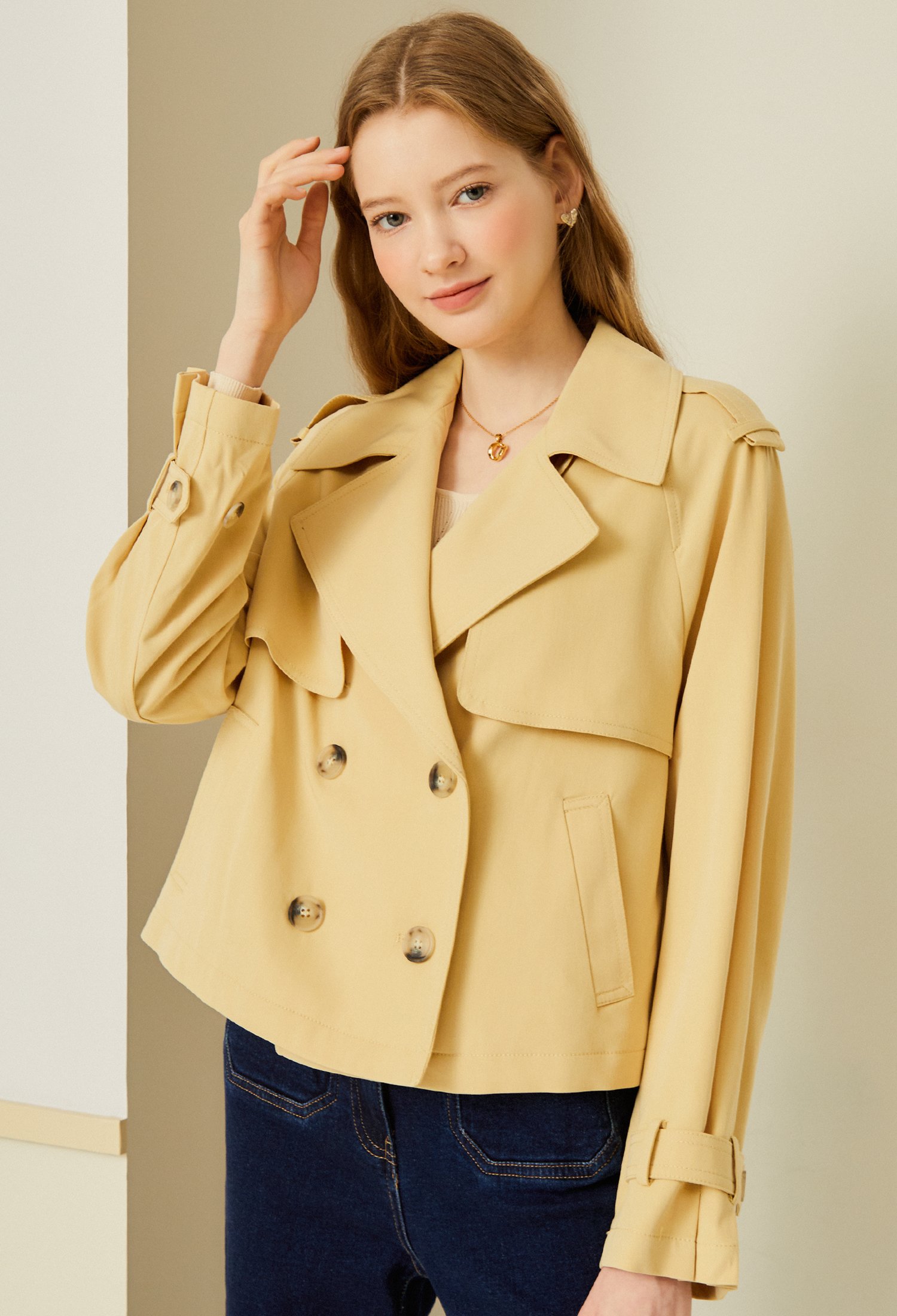 더블 플랩 숏 트렌치 코트 (YELLOW)