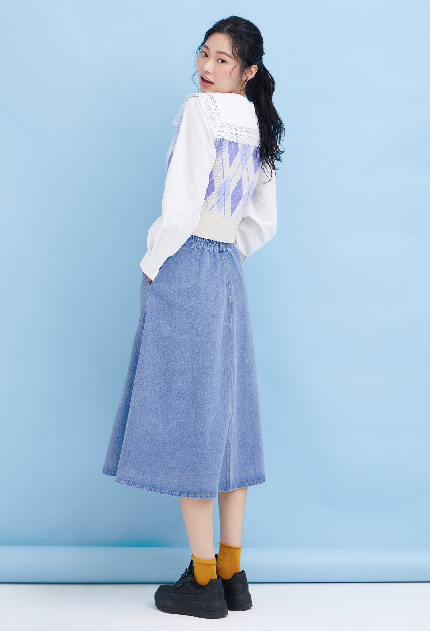 백 밴딩 A라인 데님 스커트 (SKY)