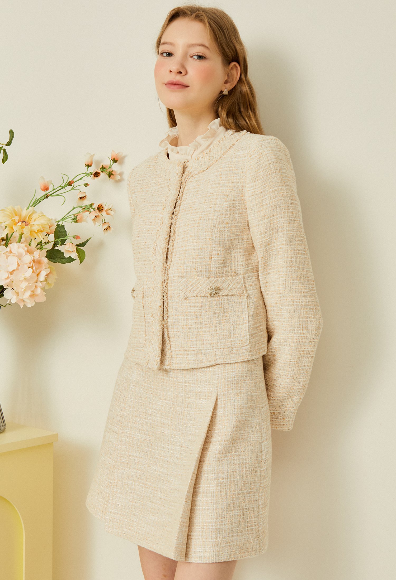 메탈 버튼 프린지 트위드 재킷 (BEIGE)