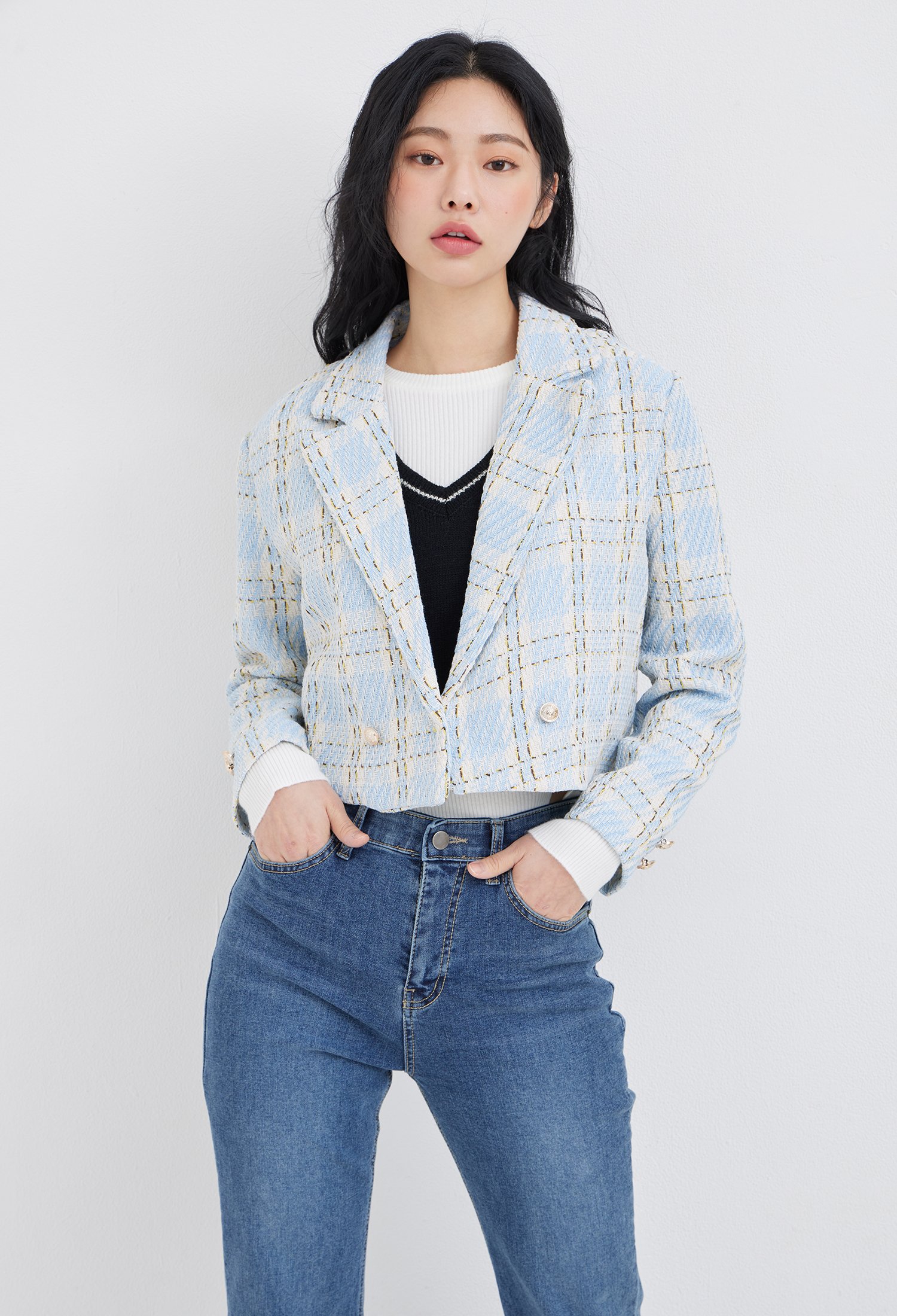 메탈 더블 체크 크롭 재킷 (SKY)