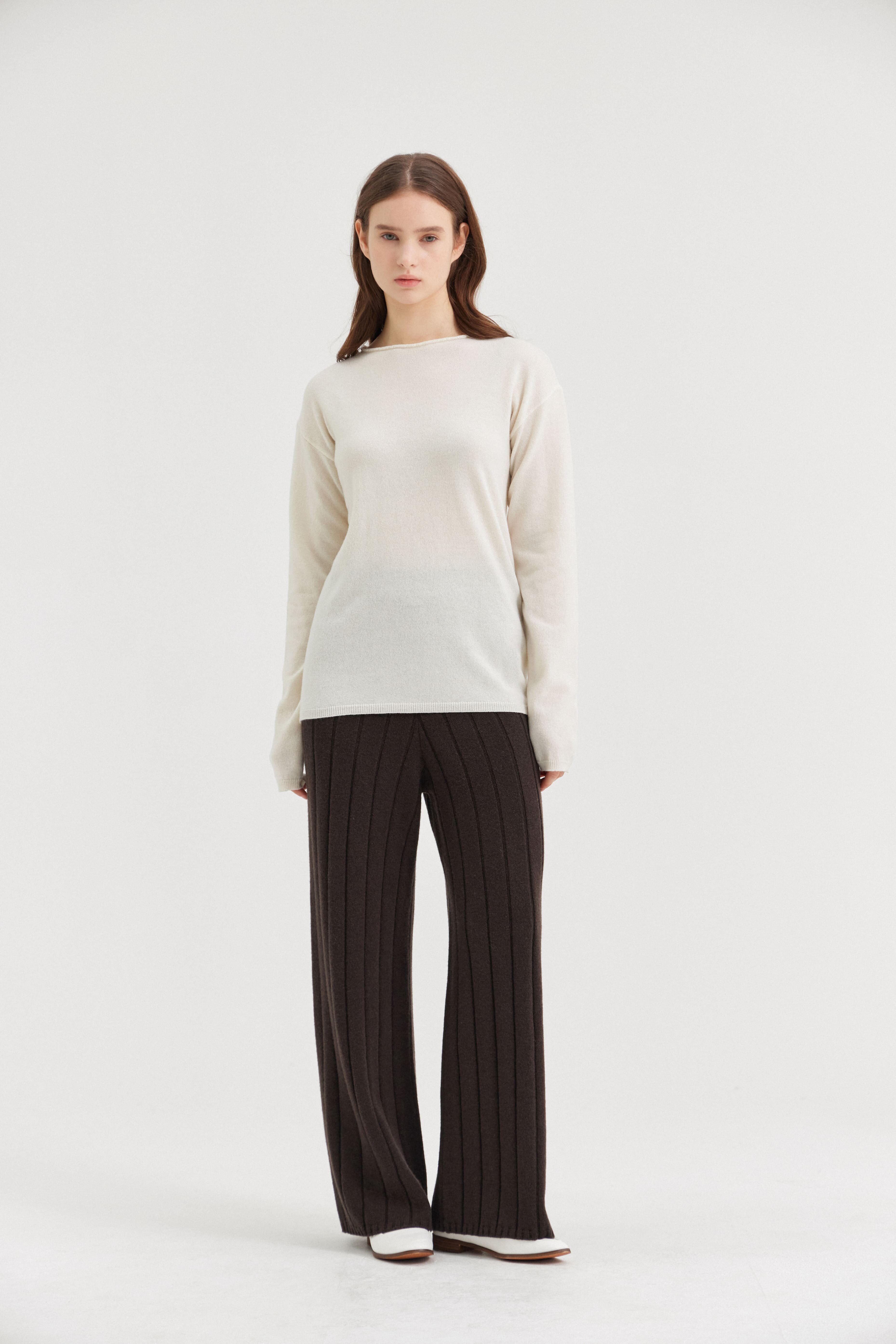 [크램38] ANSELMO WIDE STRAIGHT RIBBED TROUSERS FANGO