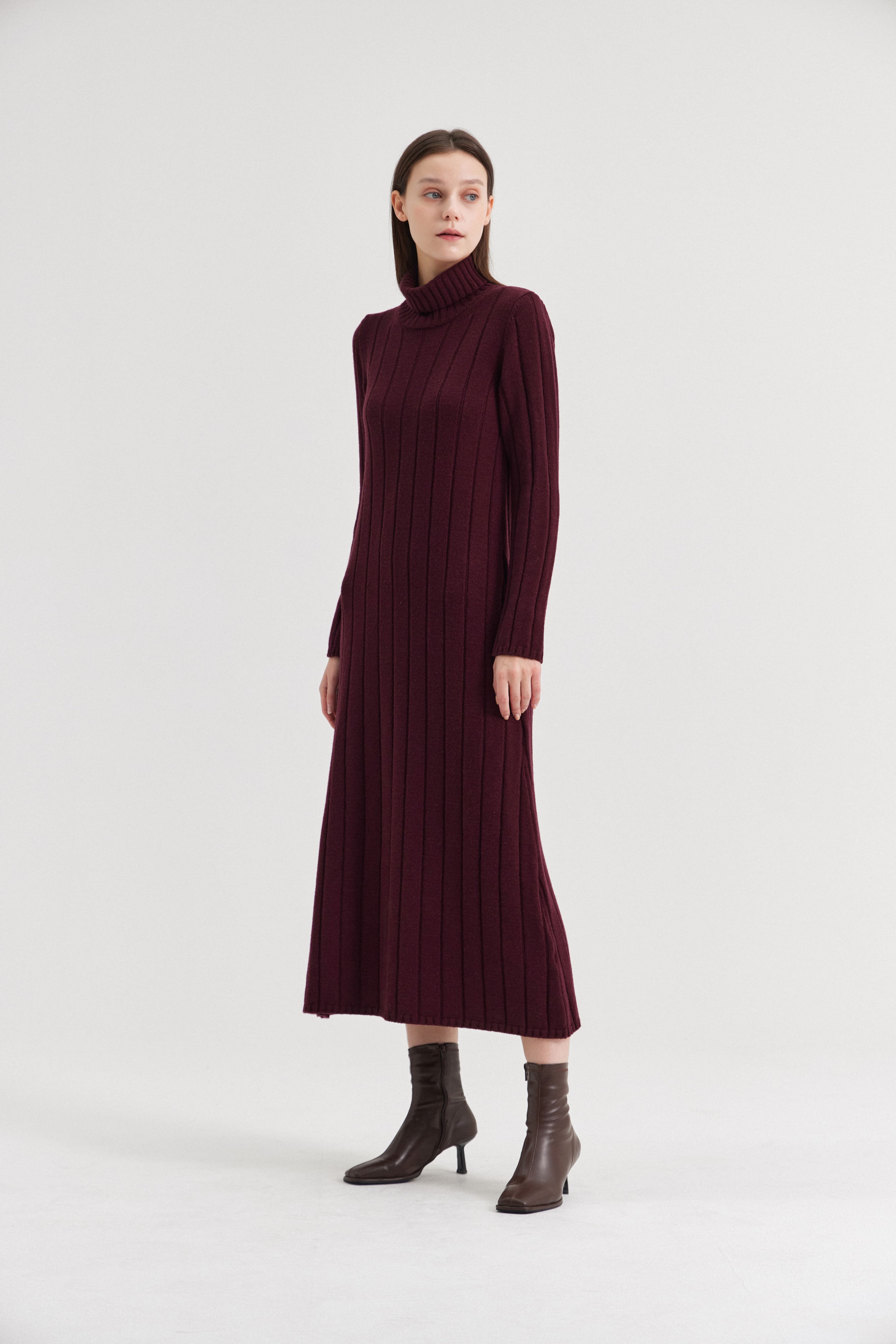 [크램38] LATA WIDE RIBBED TURTLENECK DRESS BURGUNDY