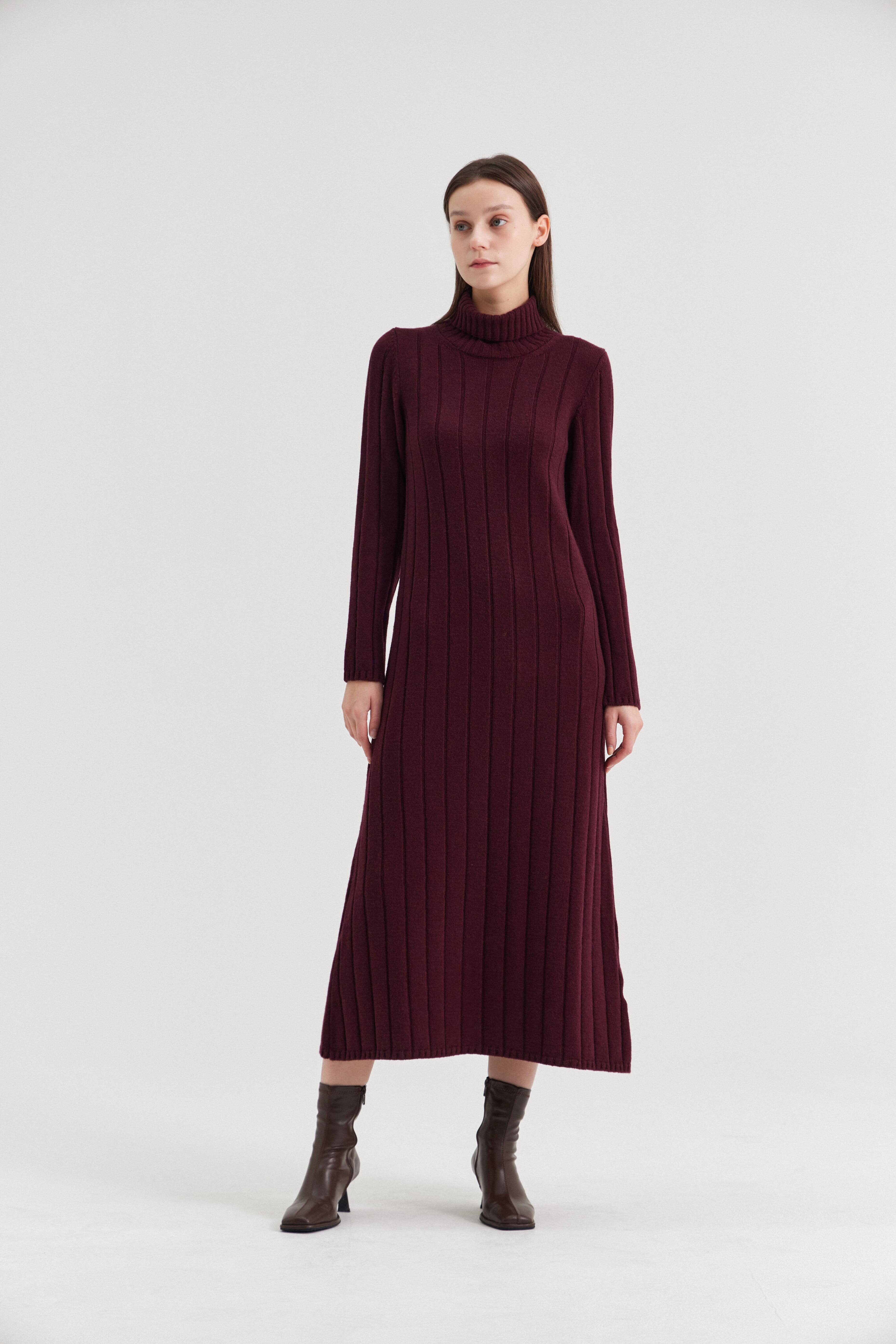 [크램38] LATA WIDE RIBBED TURTLENECK DRESS BURGUNDY
