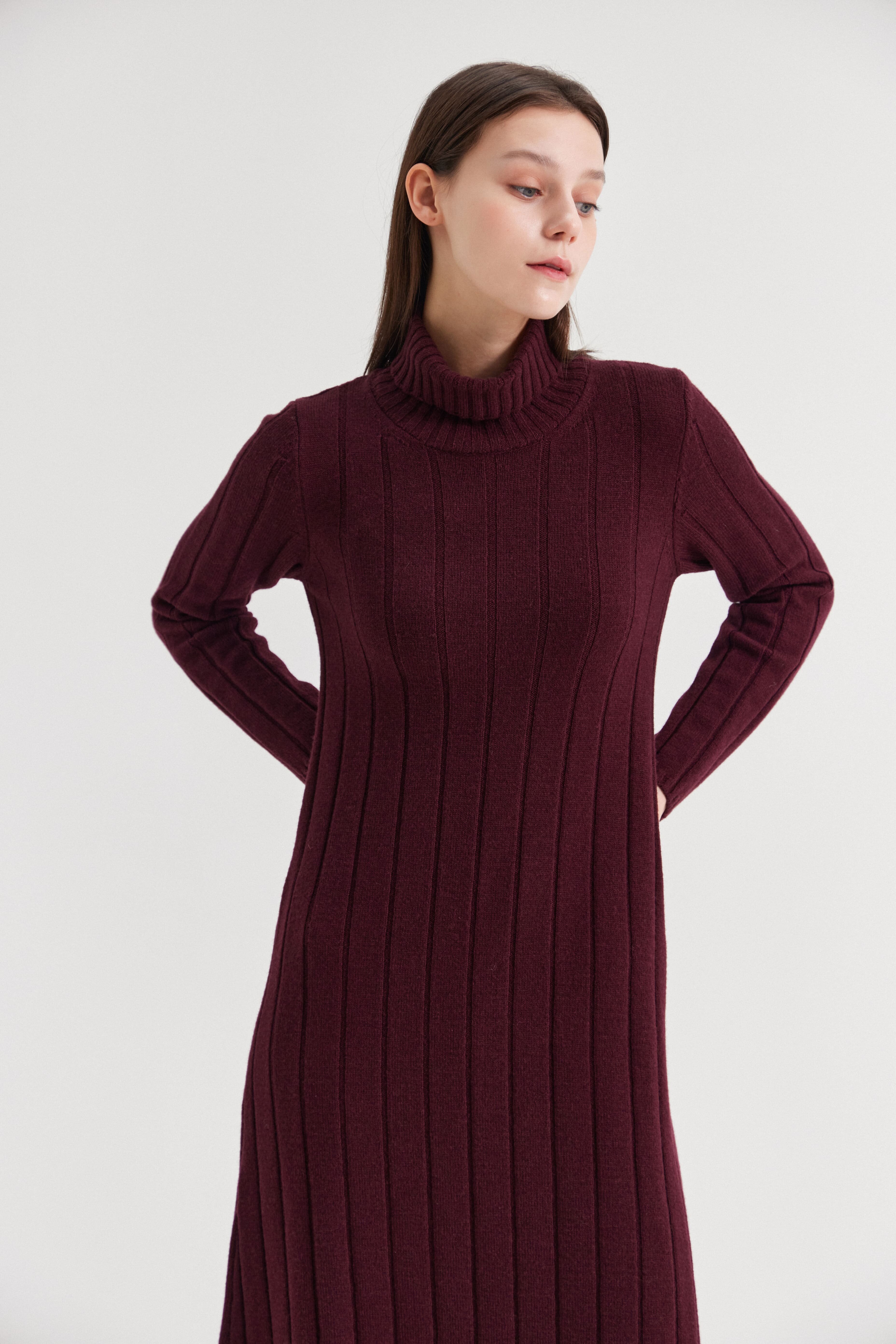 [크램38] LATA WIDE RIBBED TURTLENECK DRESS BURGUNDY